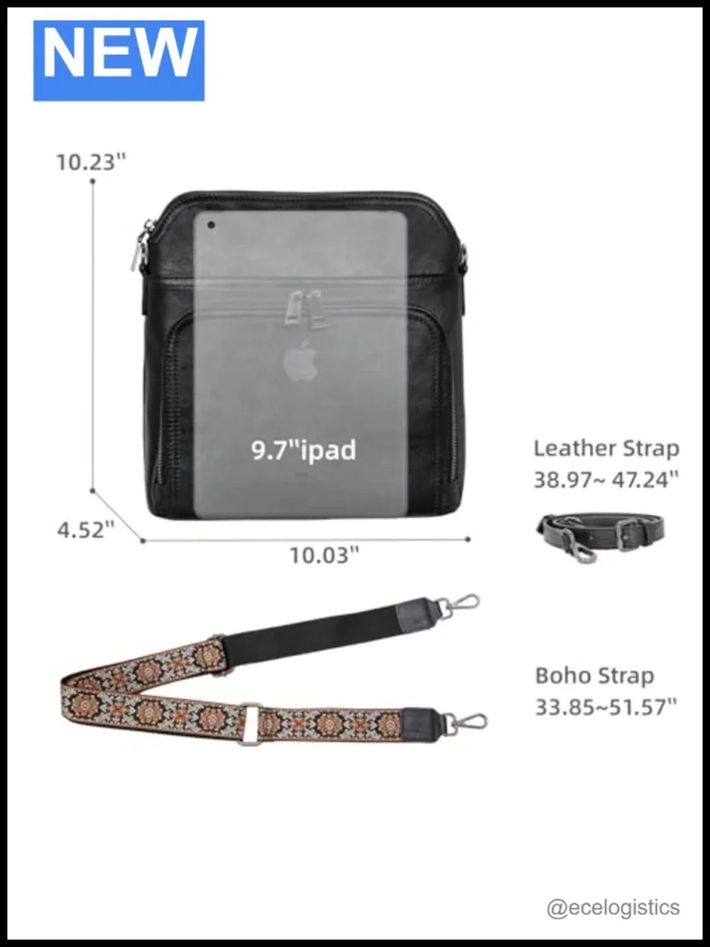 Genuine Leather Crossbody Bag with Built-in Wallet, Adjustable Straps